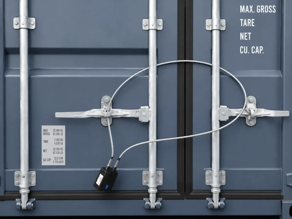 Pacific IoT eSeal de seguridad con cable de acero aplicado en contenedor de carga industrial