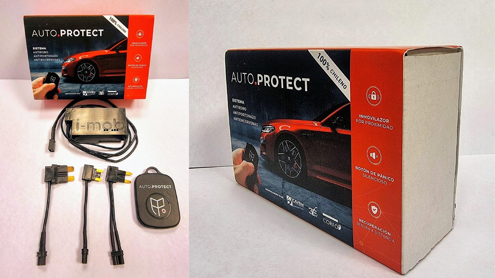 Kit AutoProtect con inmovilizador de combustible I-mob, llave de proximidad beacon con botón de pánico y tres conectores para la caja de fusibles
